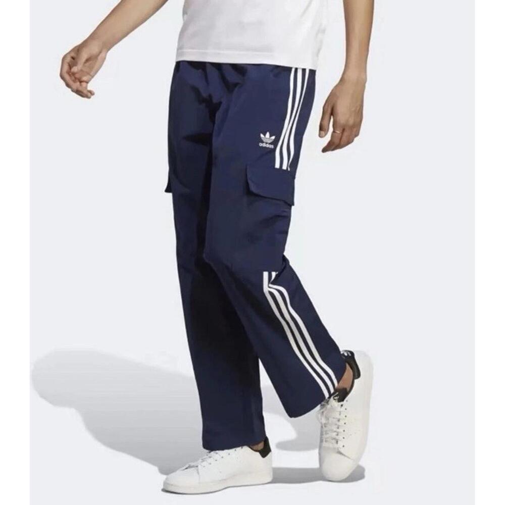 $80 Adidas Original 3S Cargo Pants Navy Blue White 3-Stripes HR3362 Mens Large - Picture 1 of 9